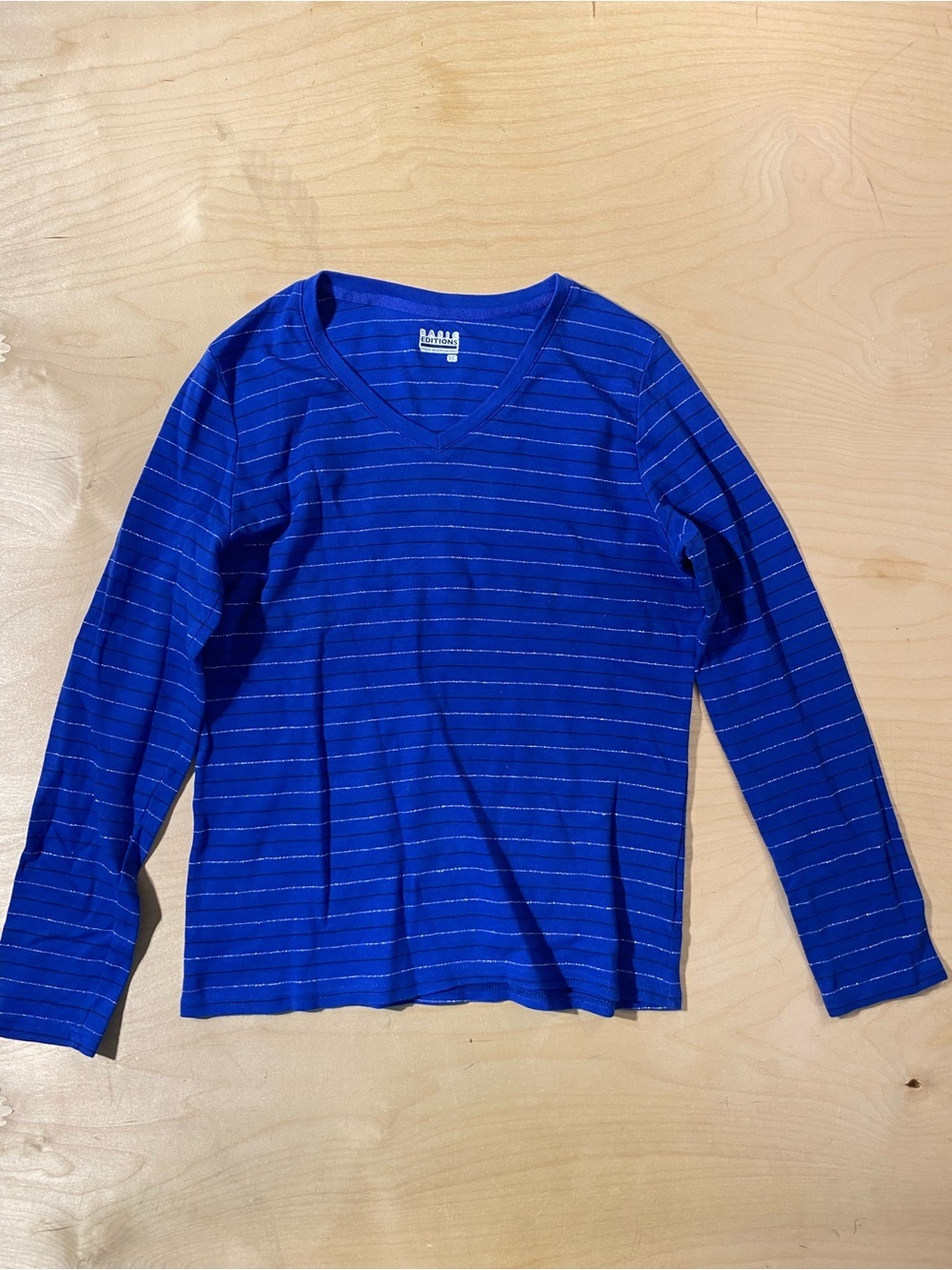 Basic Editions Royal Blue Striped V-Neck Long Sleeve Tee Small (RV)